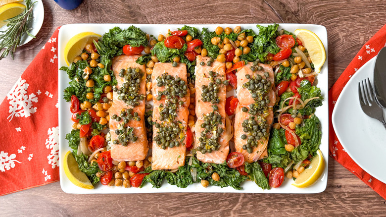 1-pan baked salmon with mustard greens and chickpeas on serving platter