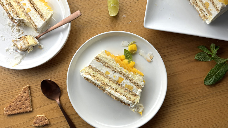 whipped cream graham cracker icebox cake with mango topping