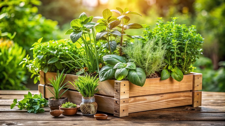 Lush green vegetables and herbs grow in a small wooden crate