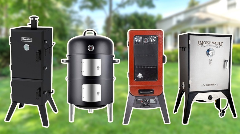 Various popular wood smokers against backyard backdrop