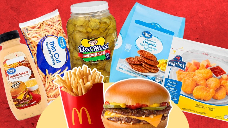 Collage of McDonald's grocery copycats behind McDonald's burger and fries
