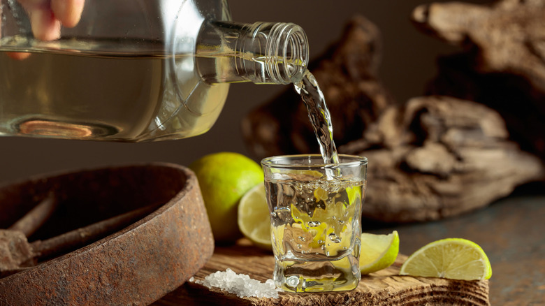 Blanco tequila being poured into a shot glass