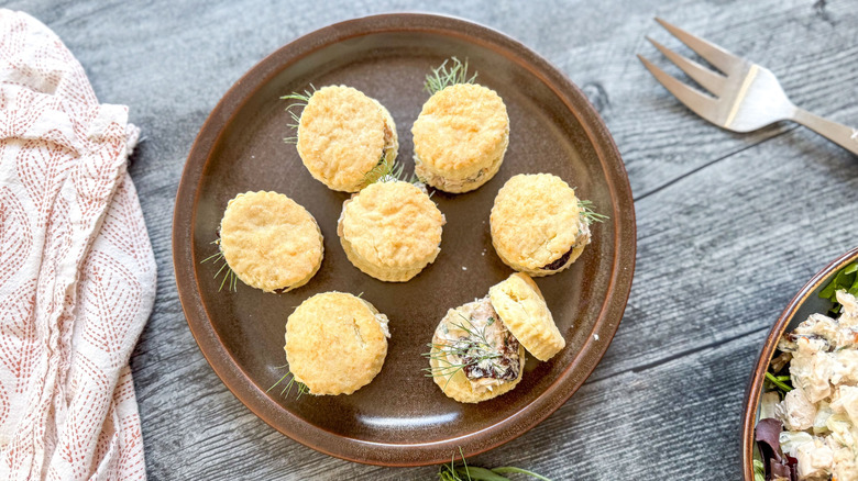 Triple anise chicken salads on mini biscuits with fresh fennel fronds